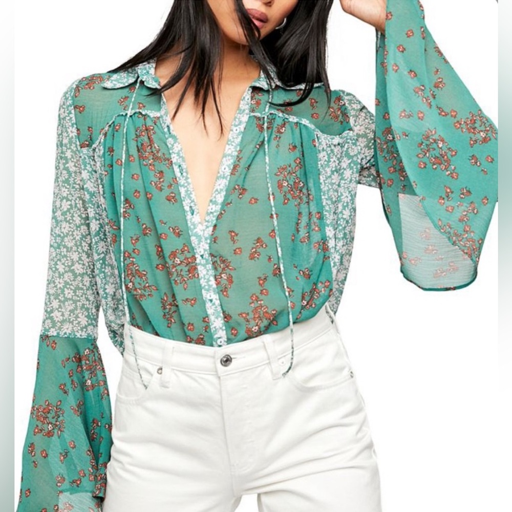 FREE PEOPLE || Serena Floral Green Sheer Women's Top. Sz. L
